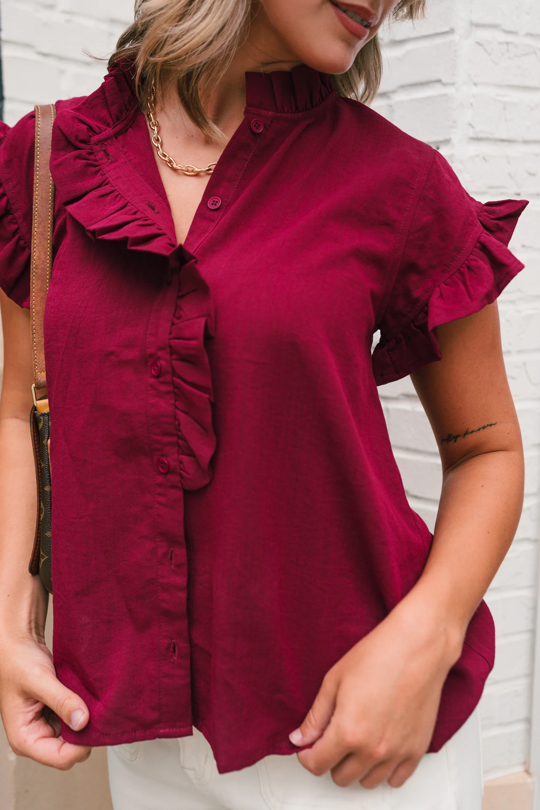 Victoria Burgundy Ruffle Button-Up Top - Image 8