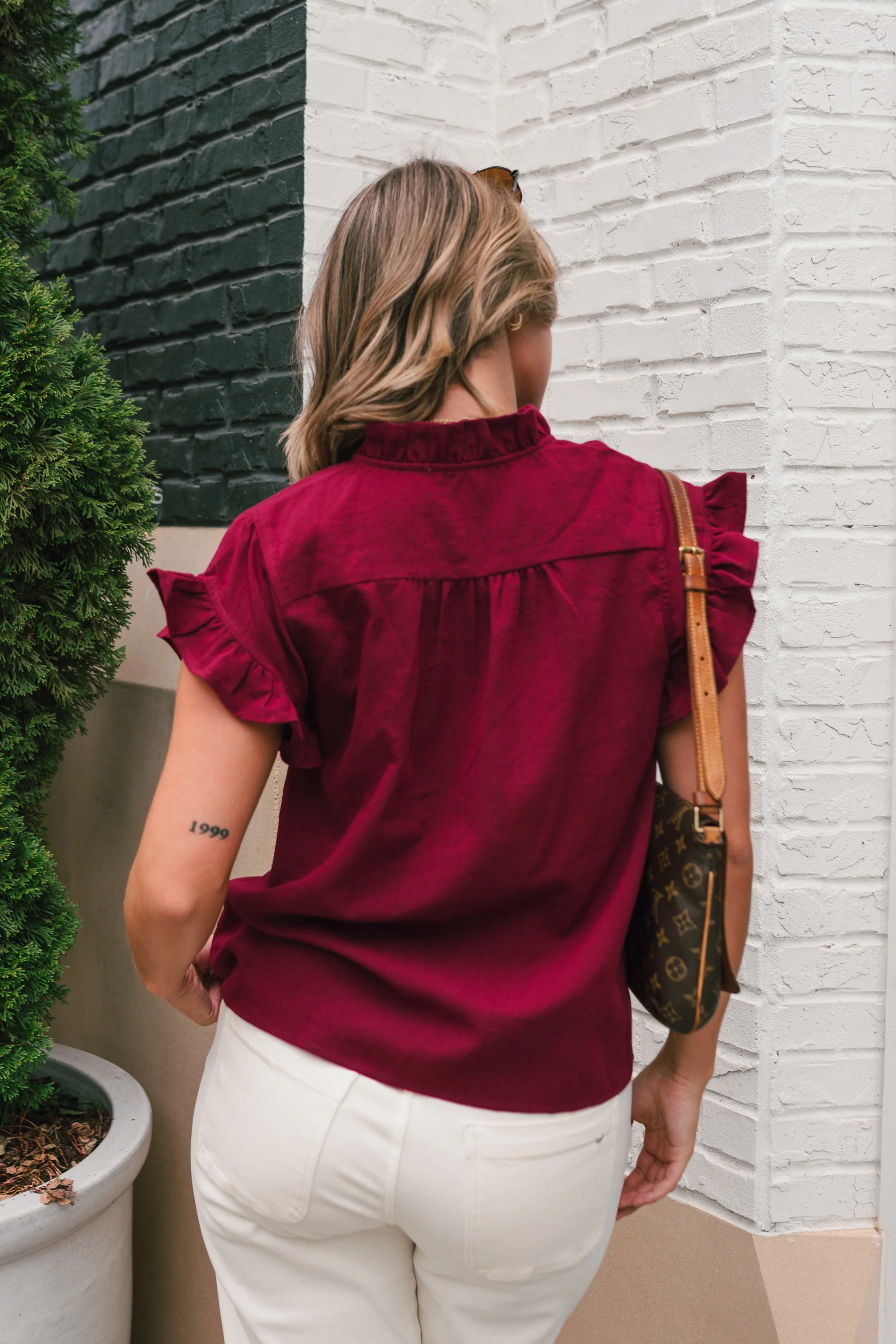 Victoria Burgundy Ruffle Button-Up Top - Image 9