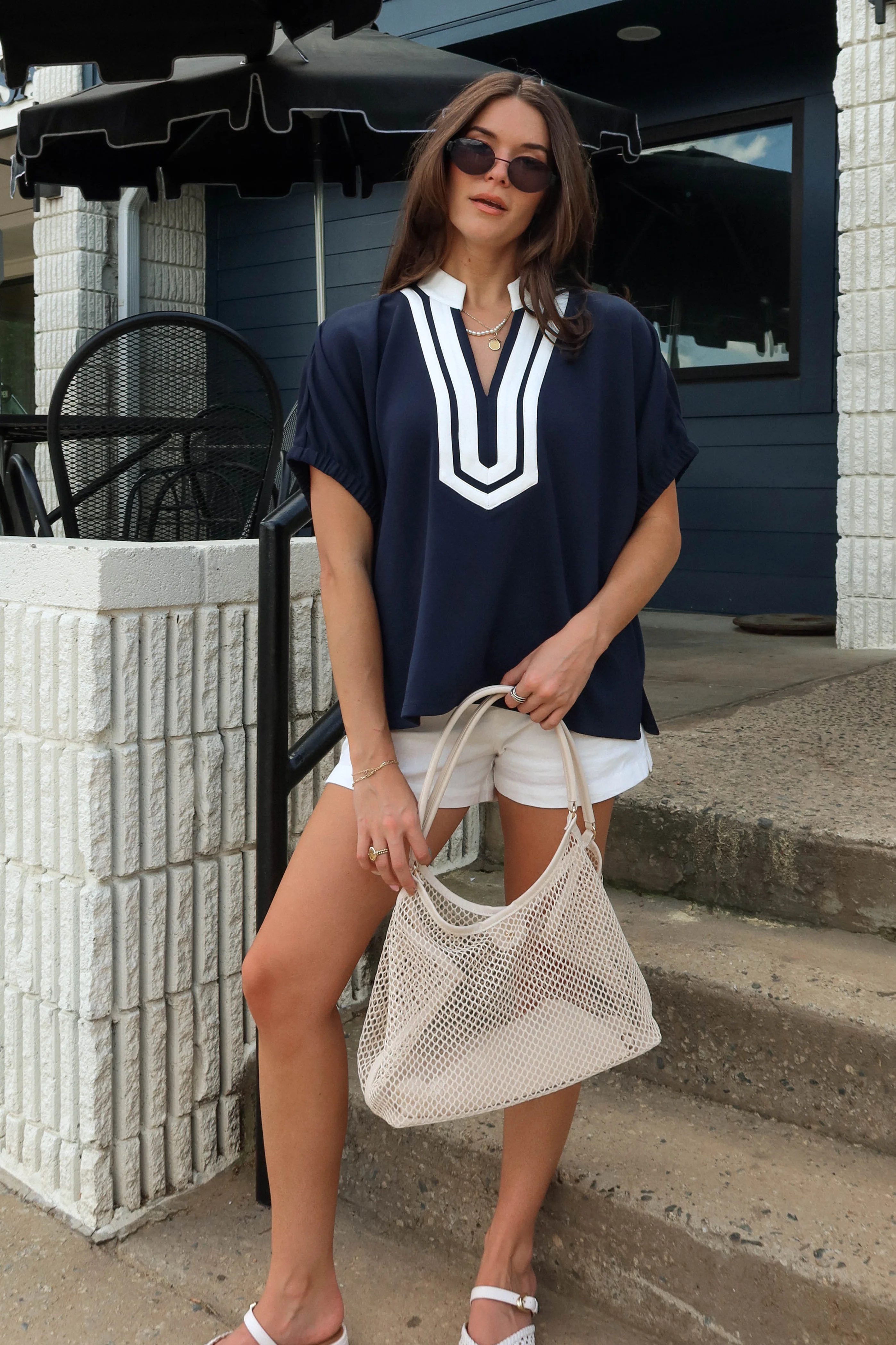 Victoria Navy & White V-Neckline Top - Image 2