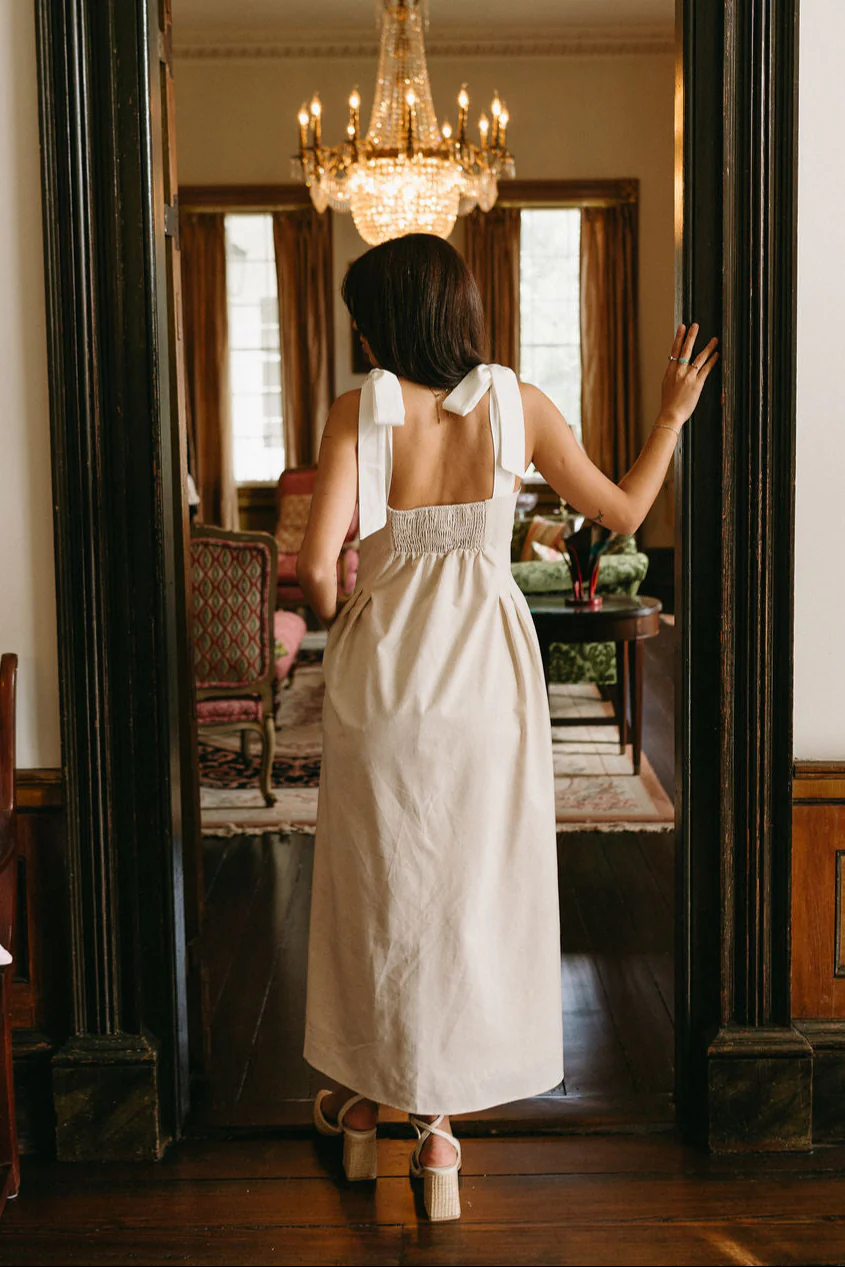 Victoria Oatmeal & White Linen Midi Dress - Image 4