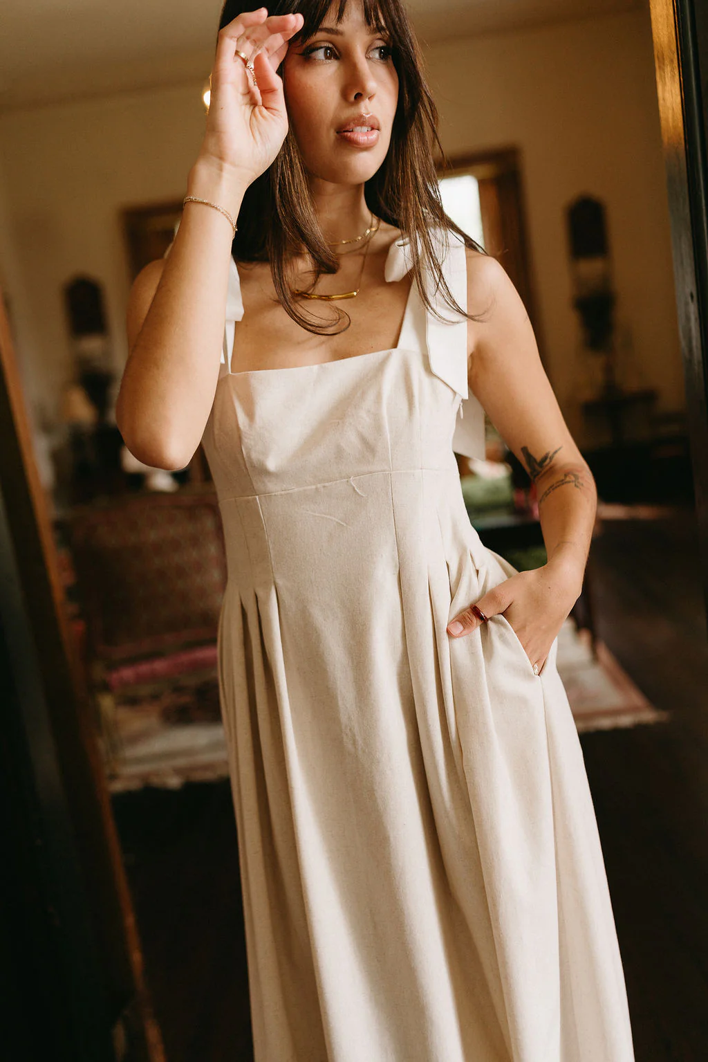Victoria Oatmeal & White Linen Midi Dress - Image 6