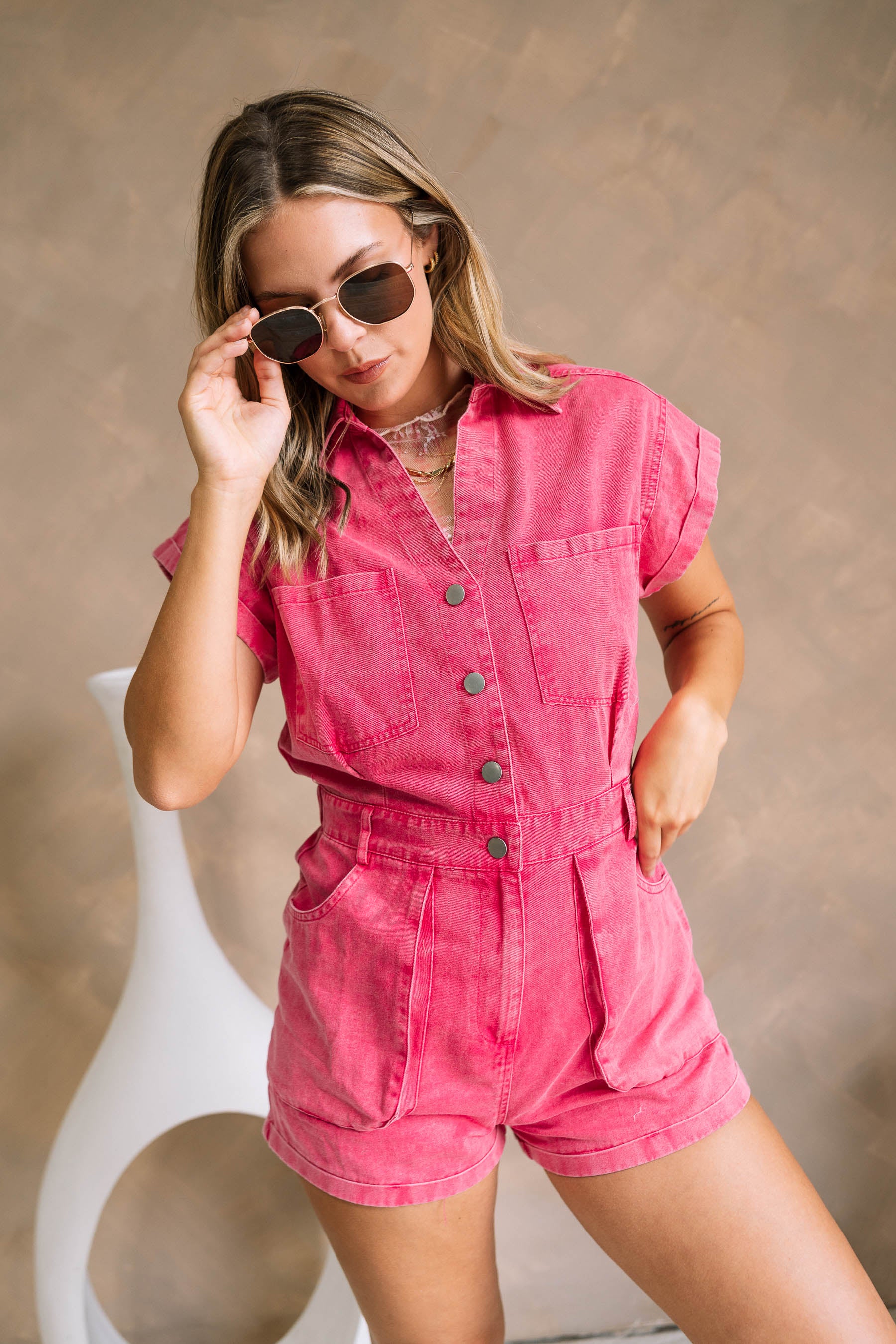 Victoria Pink Washed Denim Romper