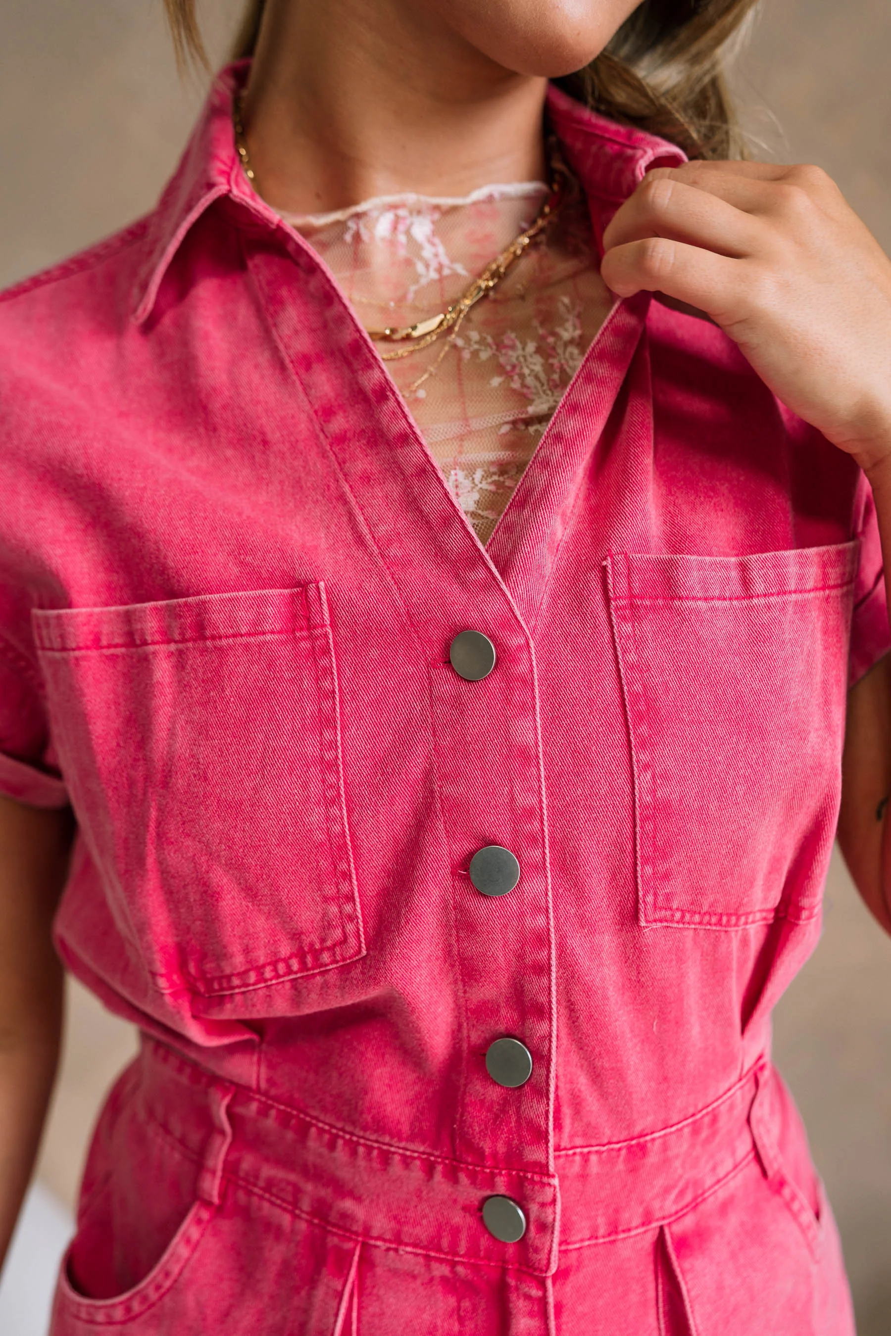 Victoria Pink Washed Denim Romper - Image 2