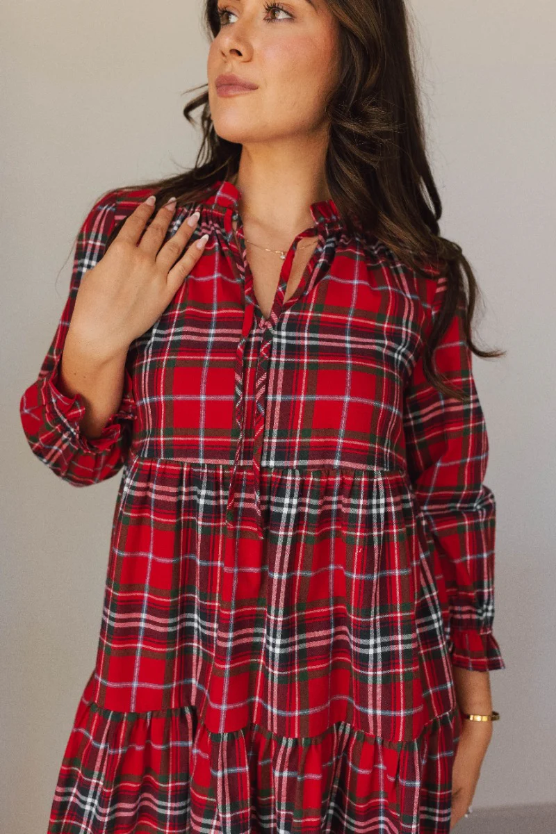 Victoria Red Multi Plaid Tiered Mini Dress - Image 2