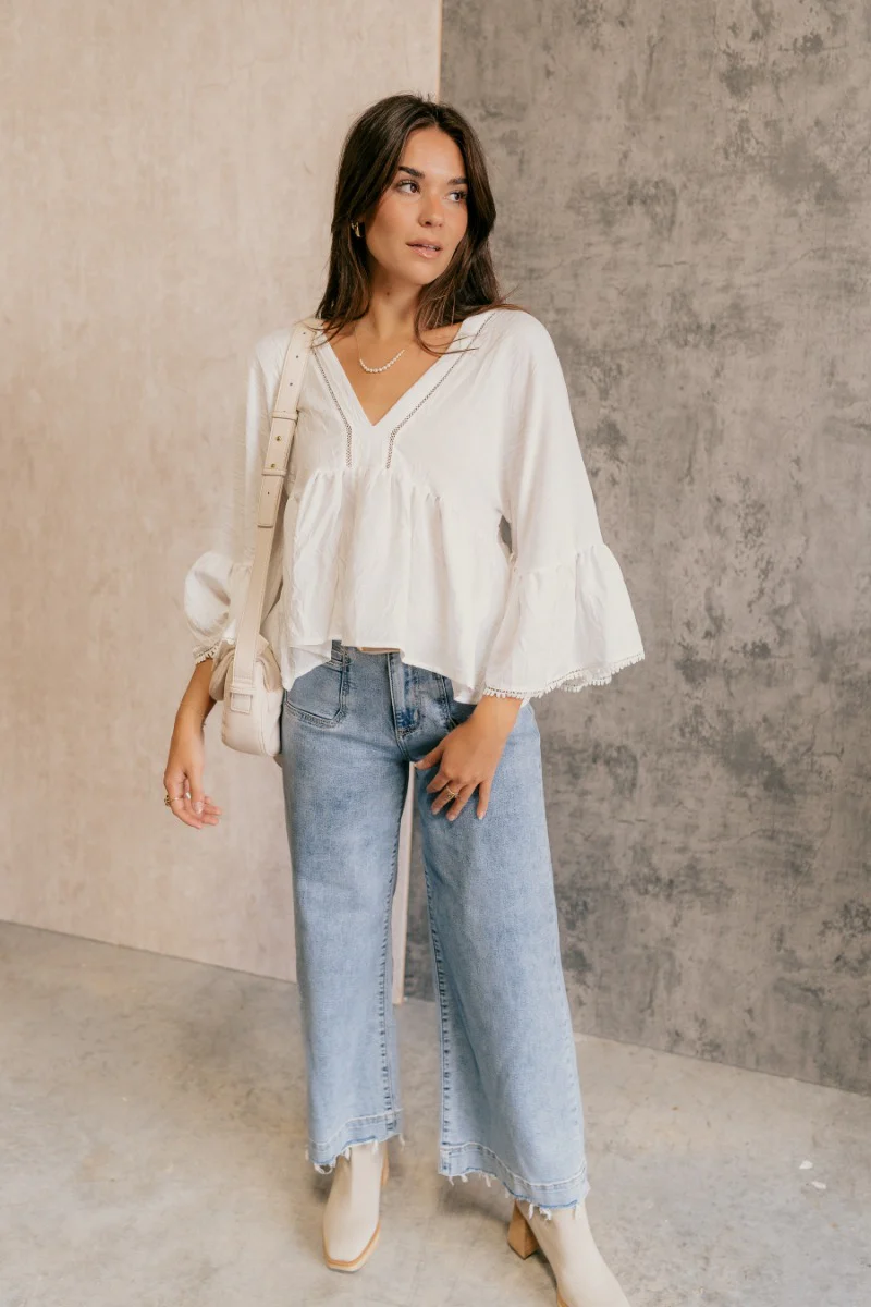 Vida Off White Peplum Bell Sleeve Top