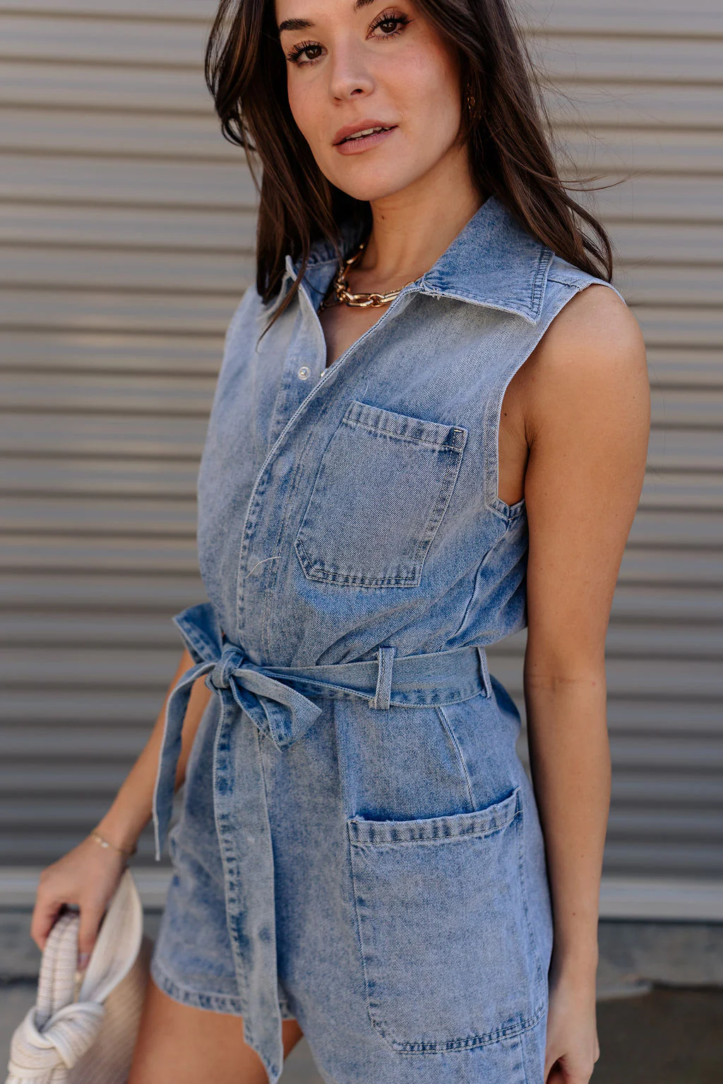 Viola Washed Denim Tie Waist Romper - Image 6