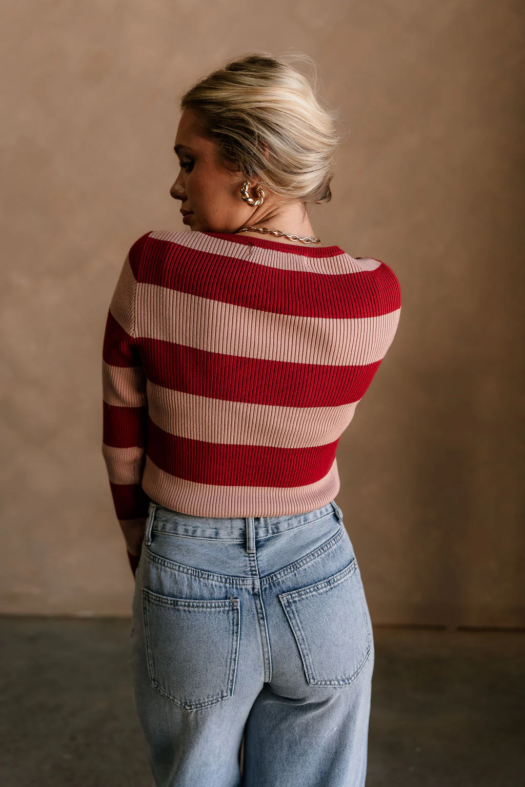 Vivian Deep Red & Pink Ribbed Knit Top - Image 5