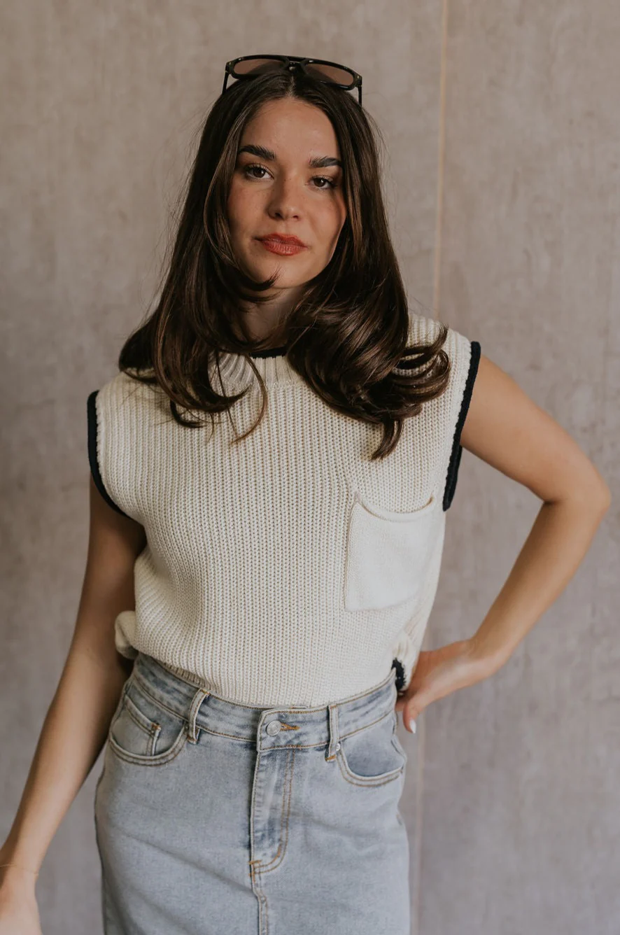 Vivian Ivory & Navy Knit Sleeveless Sweater - Image 5