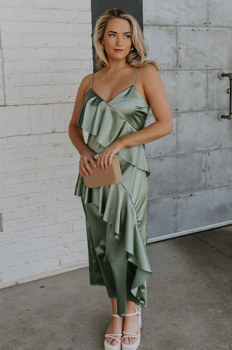 Azalea Dark Sage Satin Ruffle Midi Dress
