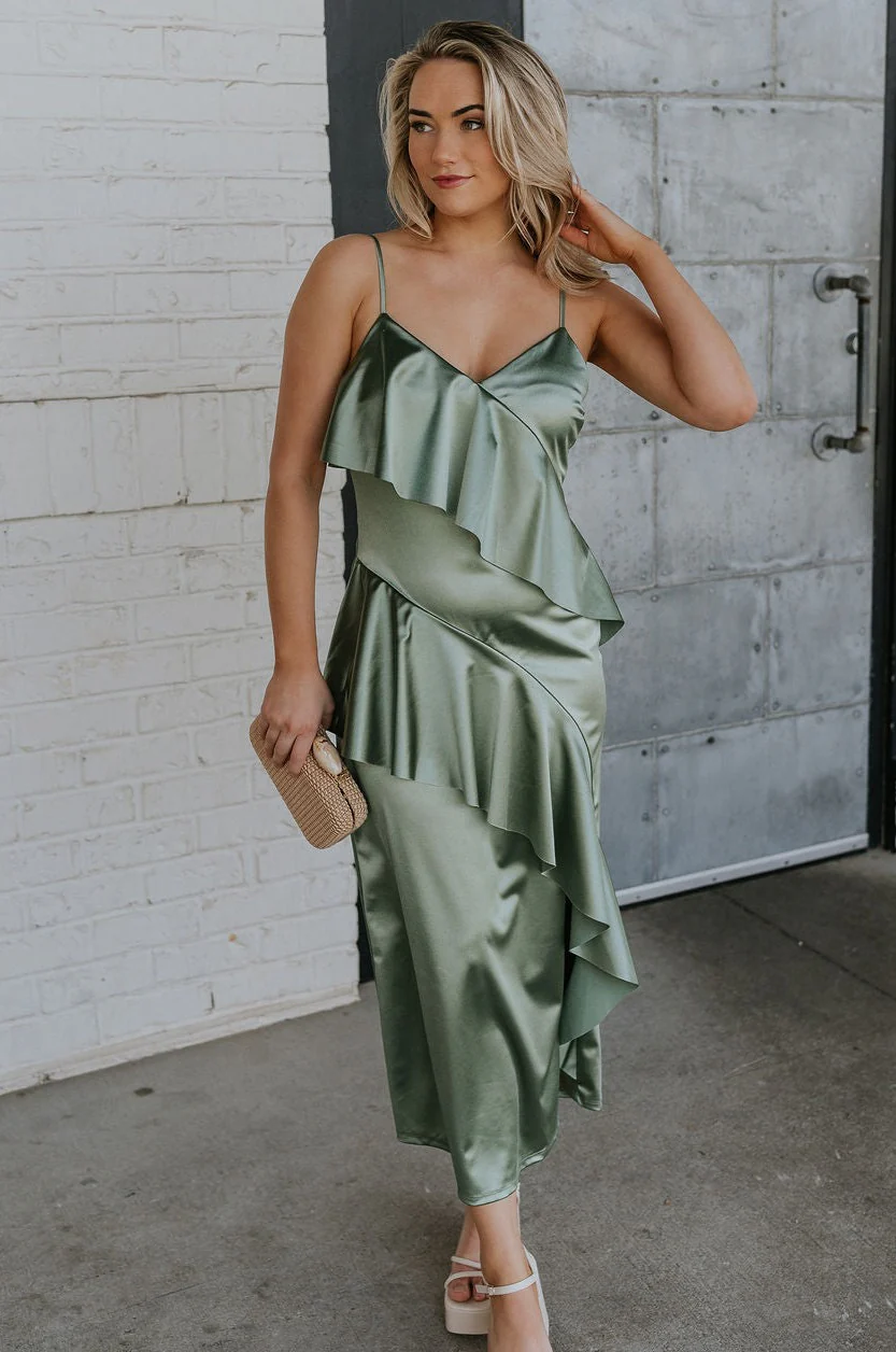 Azalea Dark Sage Satin Ruffle Midi Dress - Image 2