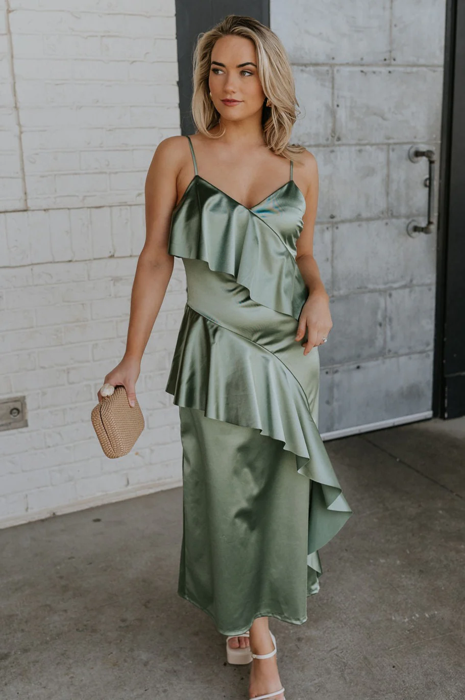 Azalea Dark Sage Satin Ruffle Midi Dress - Image 7