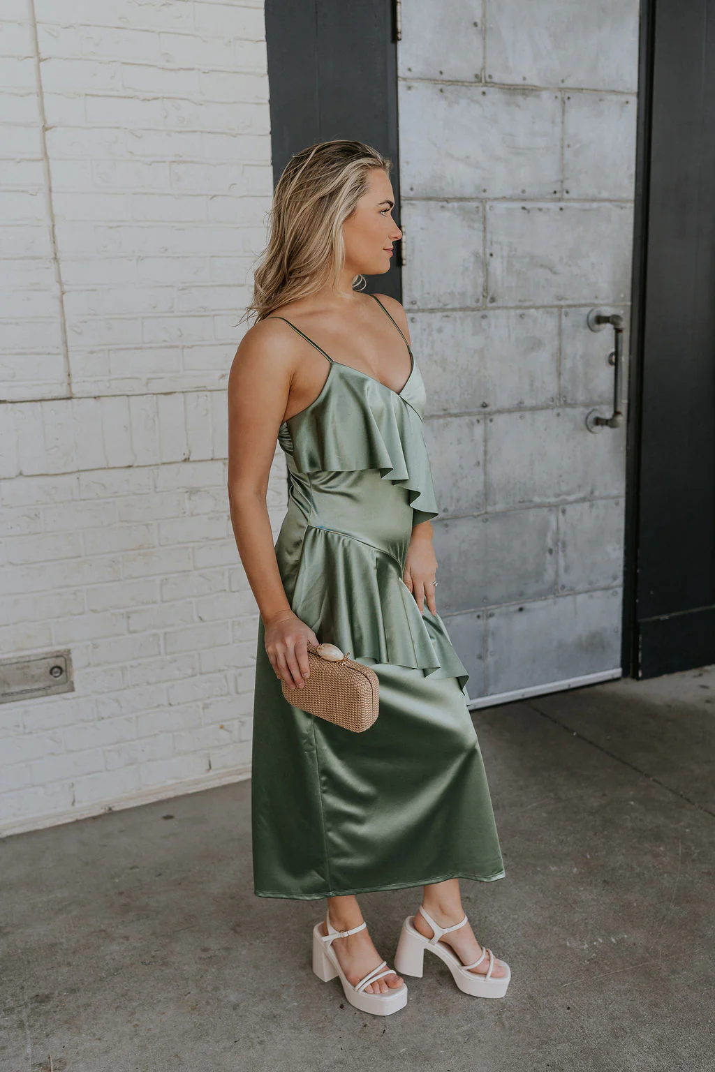 Azalea Dark Sage Satin Ruffle Midi Dress - Image 8