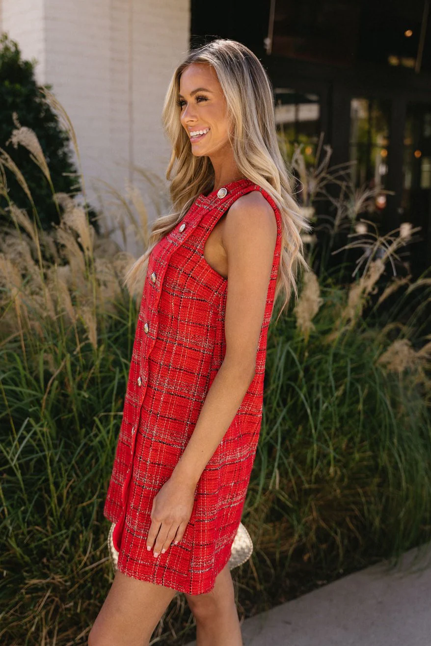 Whitney Red Plaid Tweed Mini Dress - Image 5