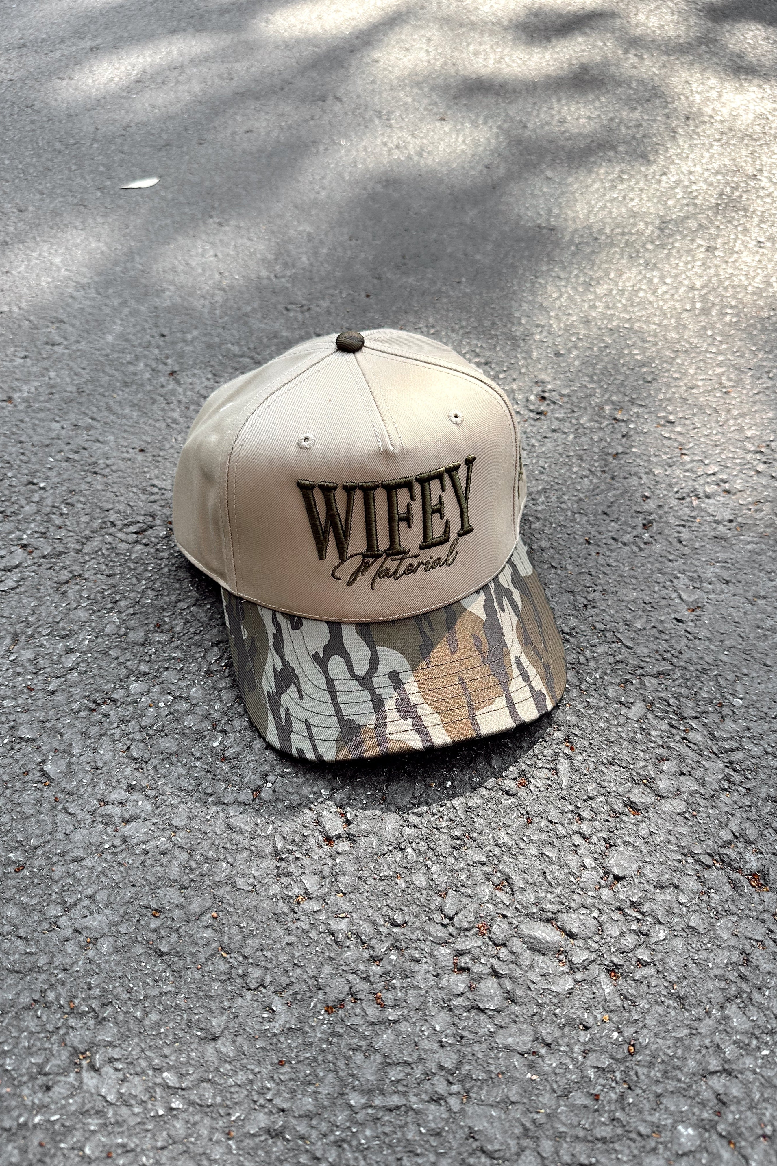 Wifey Material Tan & Camo Trucker Hat - Image 2