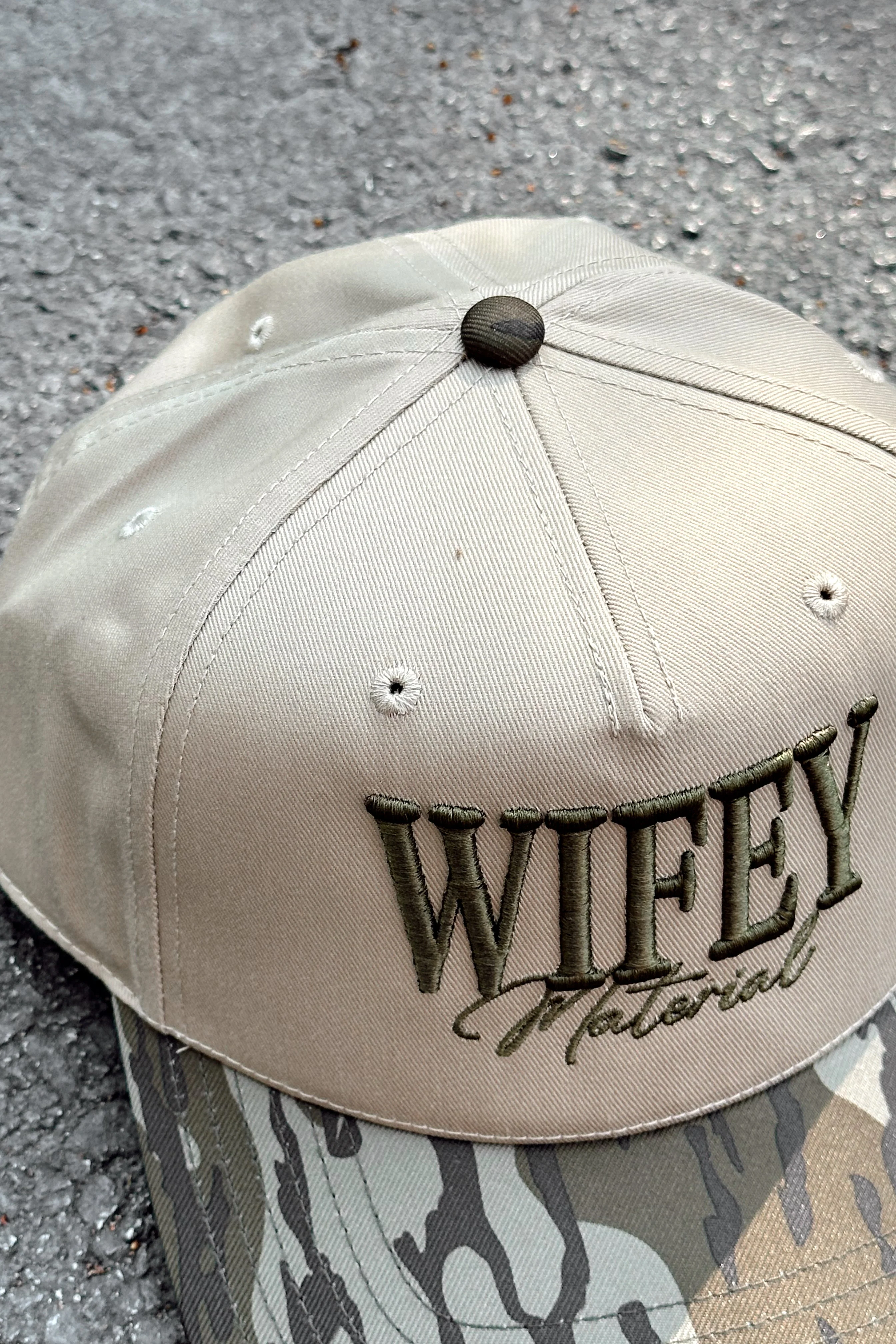 Wifey Material Tan & Camo Trucker Hat - Image 3