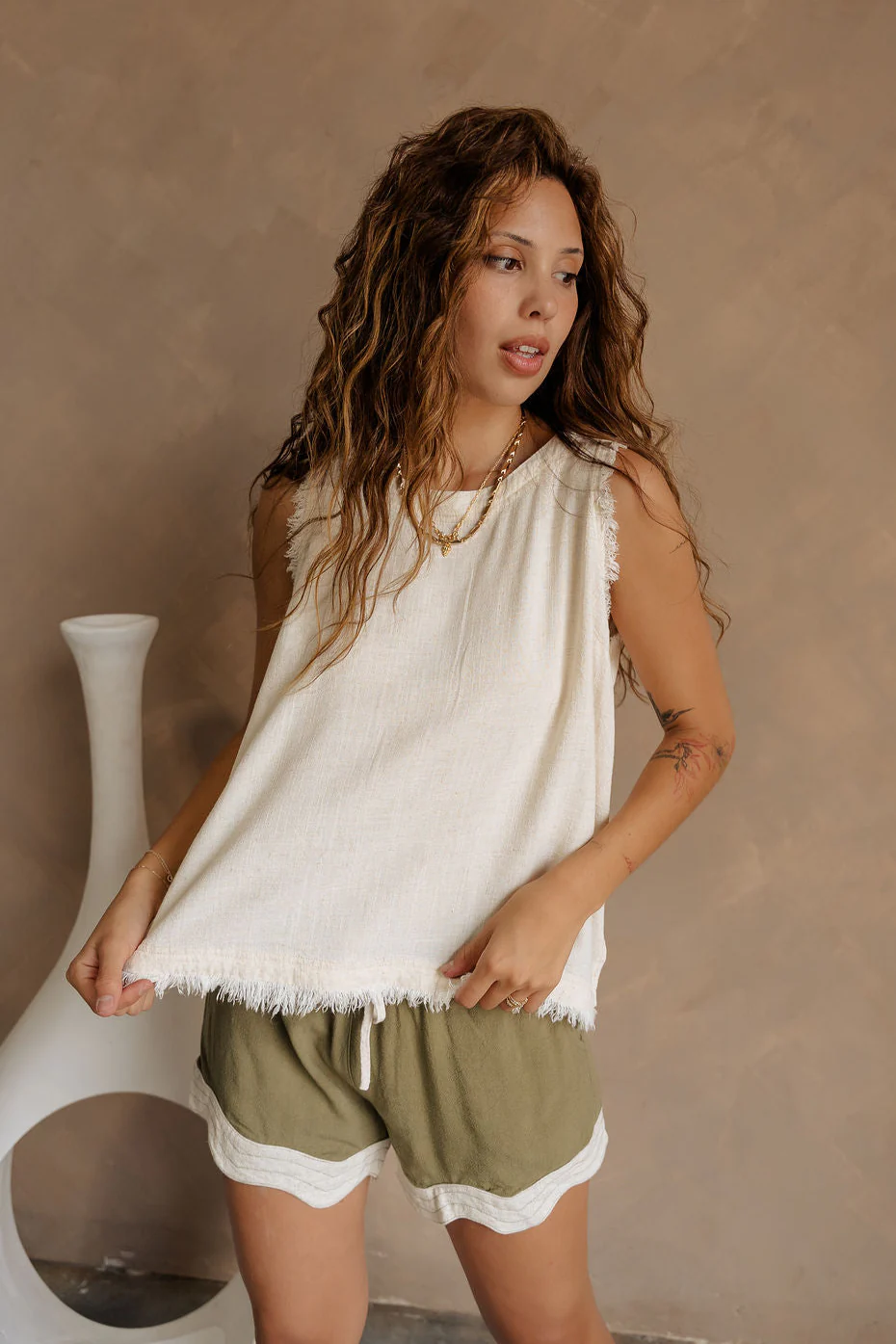 Willa Cream Linen Frayed Tank