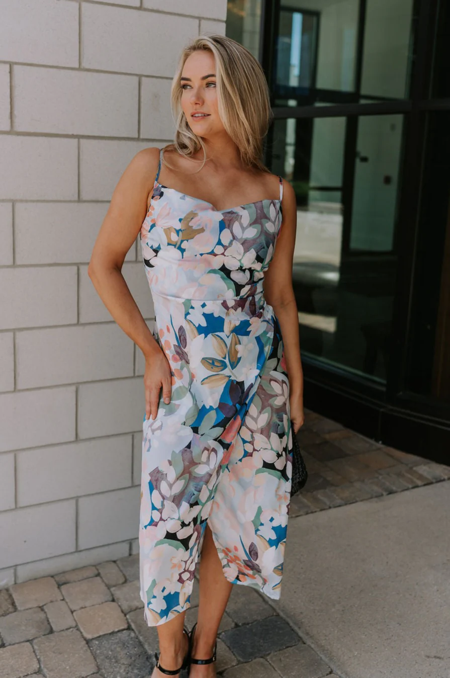 Willow Blue Floral Satin Midi Dress - Image 4