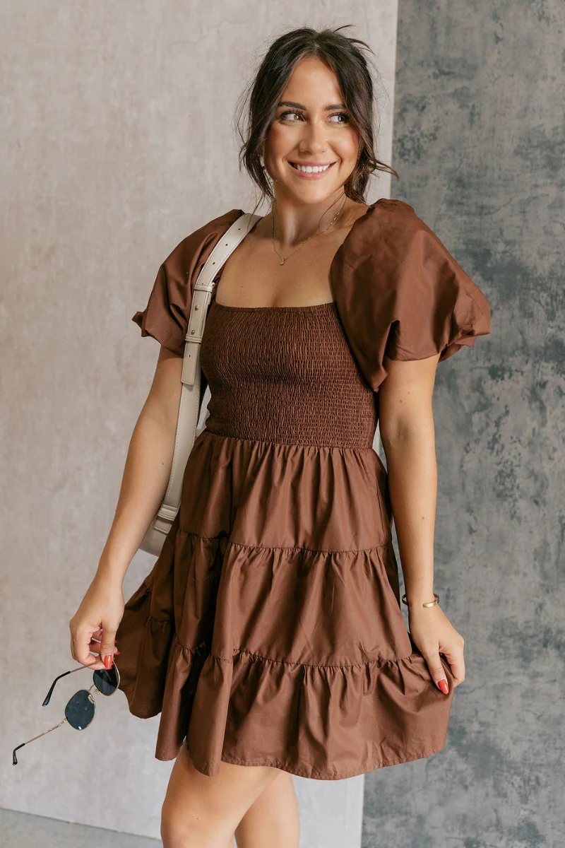 Willow Brown Puff Sleeve Mini Dress