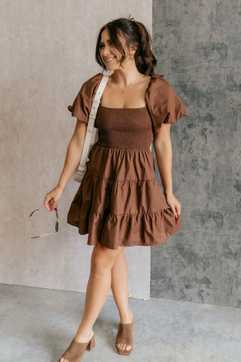 Willow Brown Puff Sleeve Mini Dress - Image 2