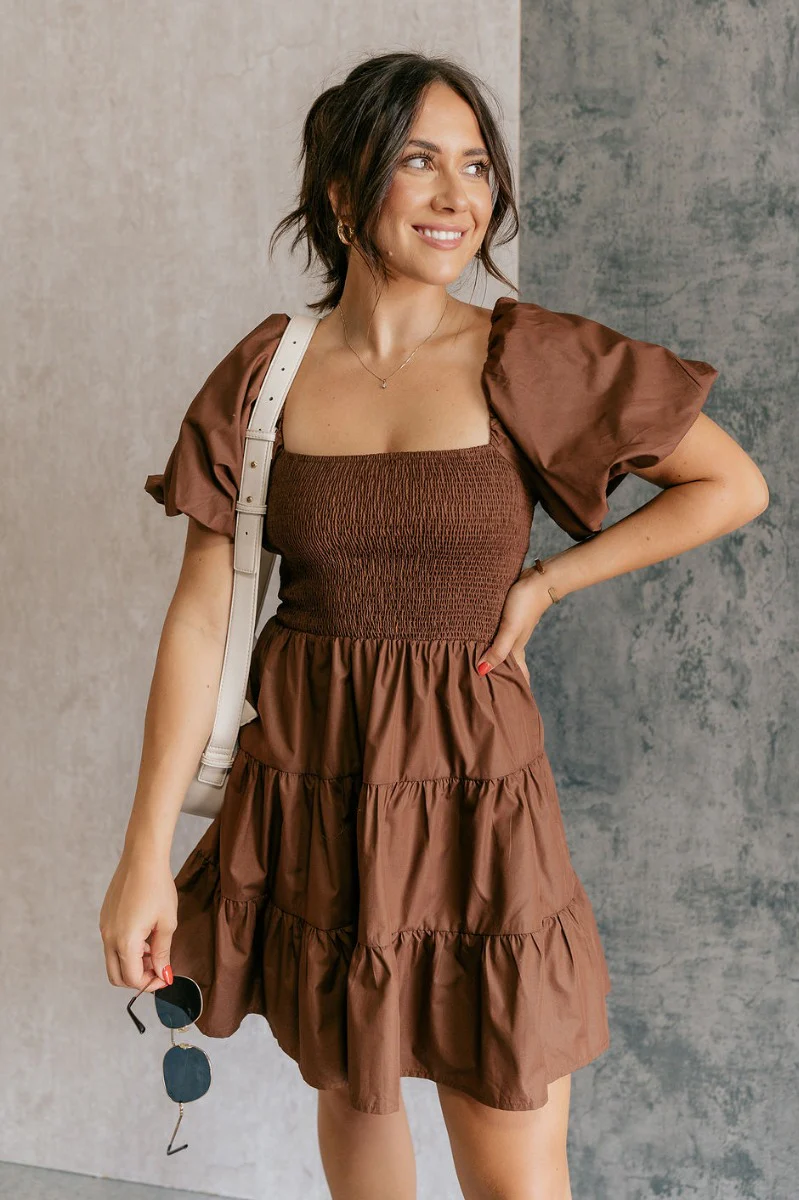 Willow Brown Puff Sleeve Mini Dress - Image 3