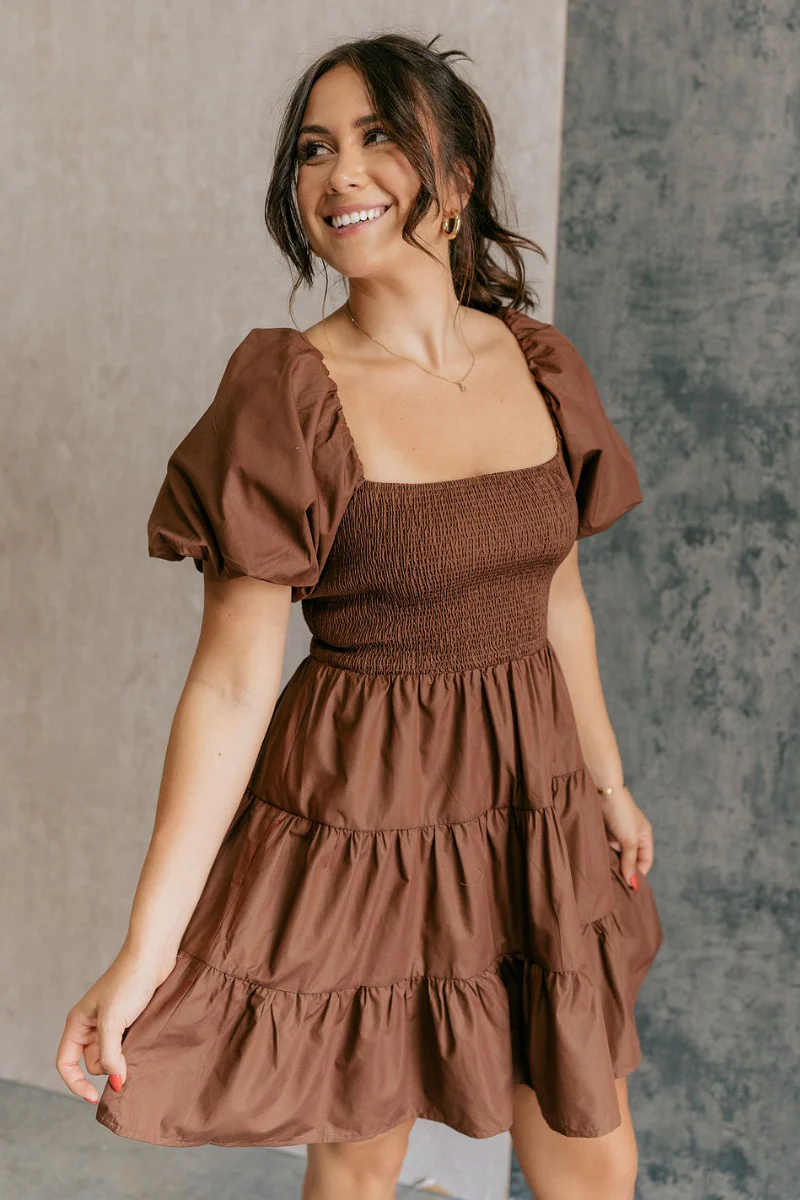 Willow Brown Puff Sleeve Mini Dress - Image 4