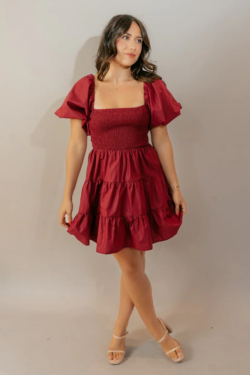 Willow Burgundy Puff Sleeve Mini Dress