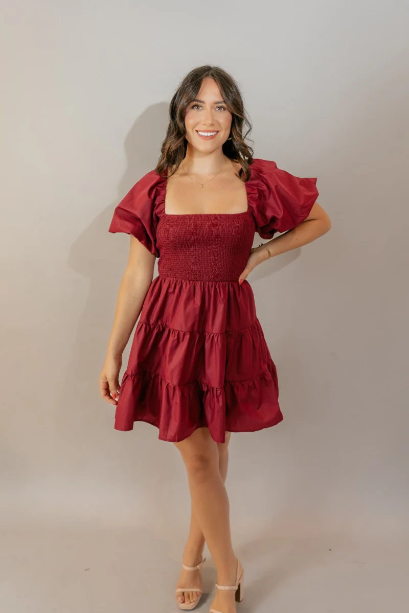 Willow Burgundy Puff Sleeve Mini Dress - Image 2