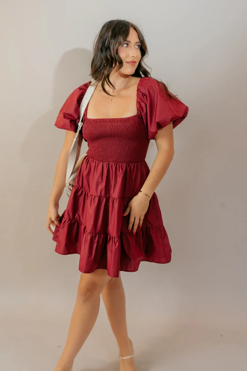 Willow Burgundy Puff Sleeve Mini Dress - Image 3