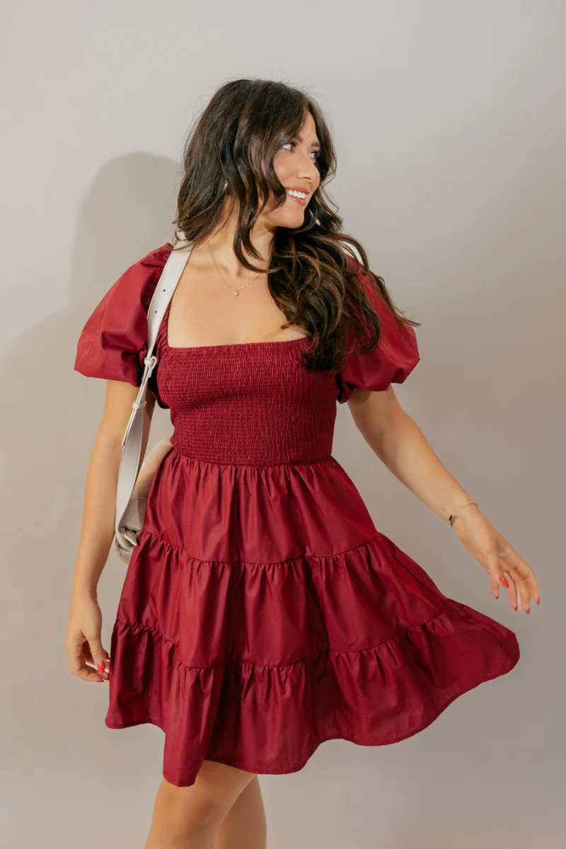 Willow Burgundy Puff Sleeve Mini Dress - Image 4