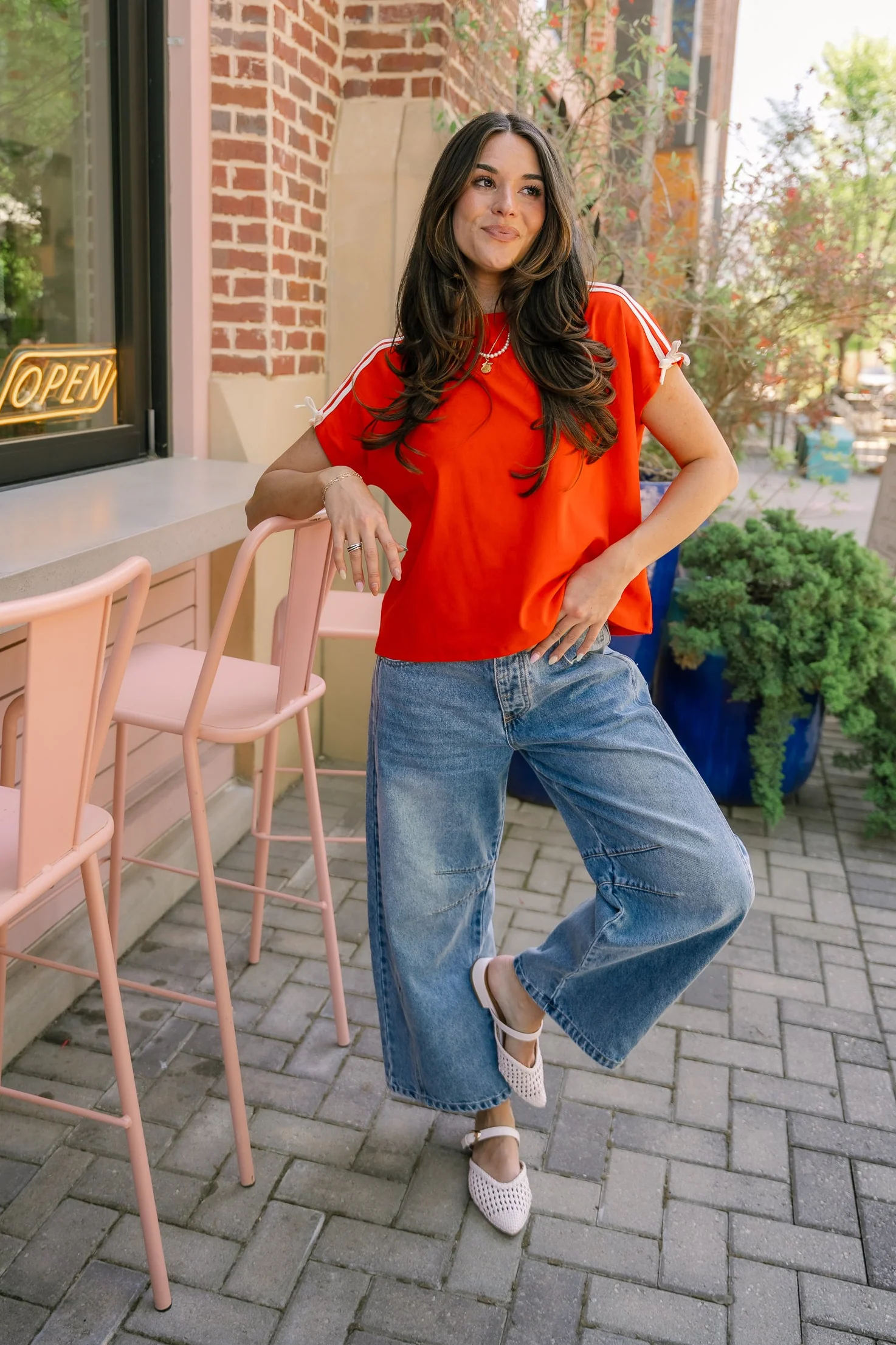 Poppy Red & White Short Sleeve Top
