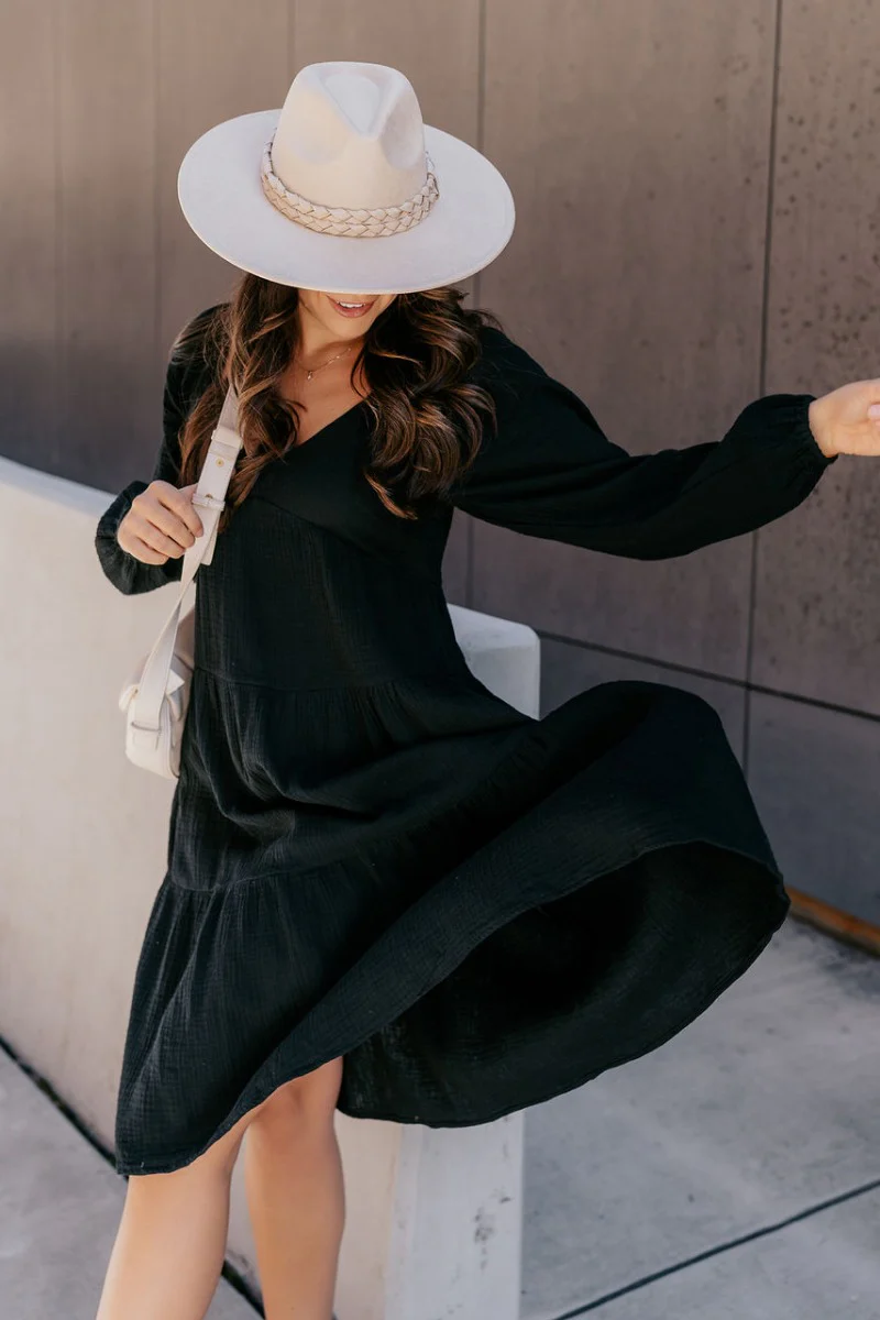Wrenly Black Long Sleeve Midi Dress