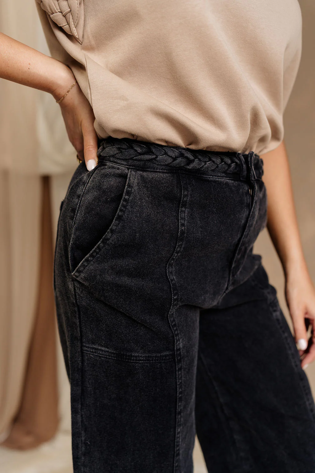 Wyatt Black Denim Braided Jeans - Image 4