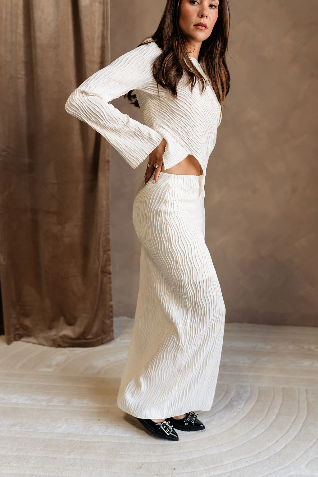 Yovanna Cream Textured Maxi Skirt - Image 6