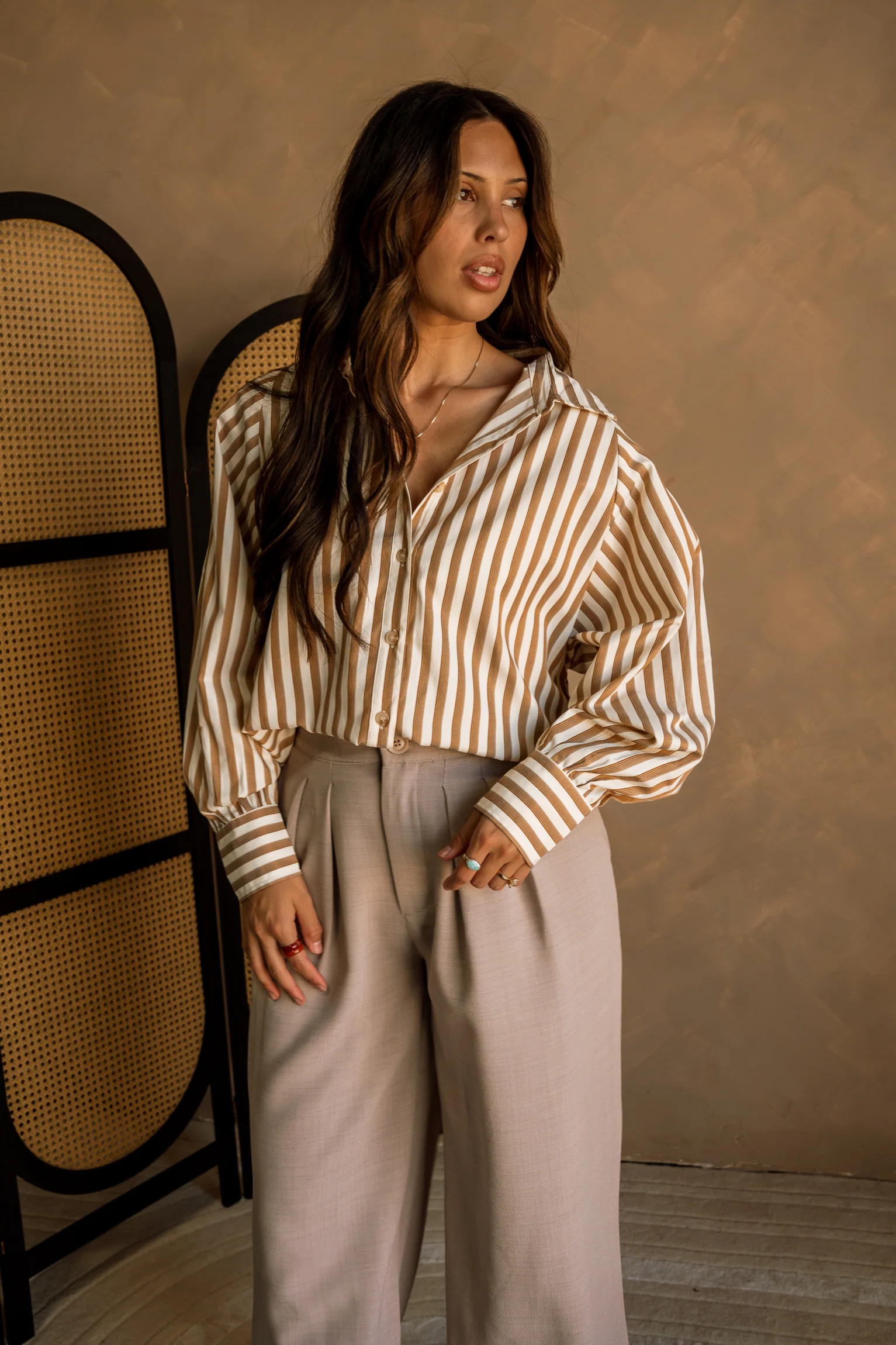 Rayn Taupe & Cream Stripe Button-Up Top