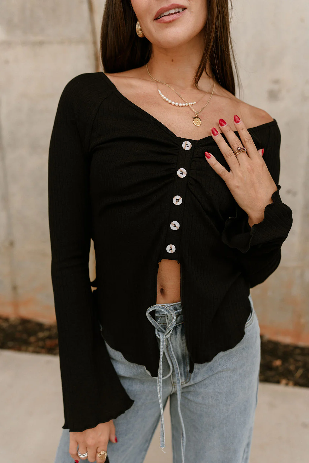 Emery Buttoned Flare Long Sleeve Top