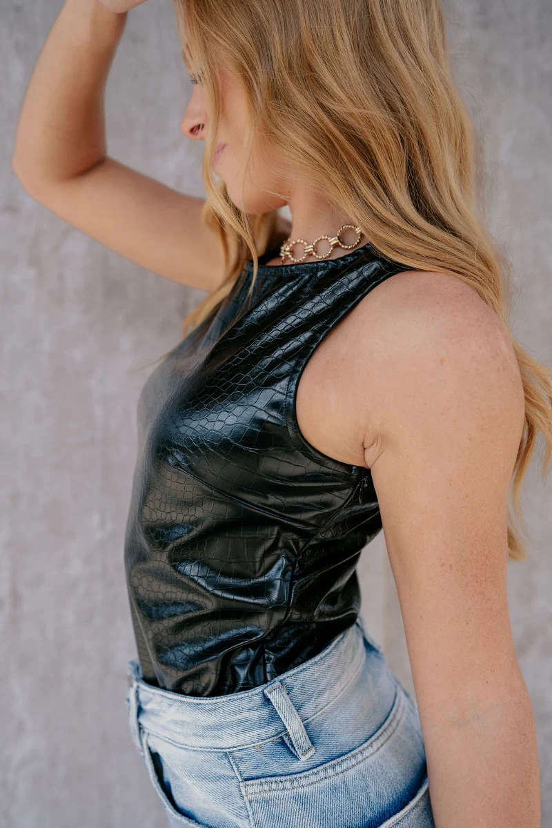Zara Black Faux Leather Sleeveless Bodysuit - Image 5