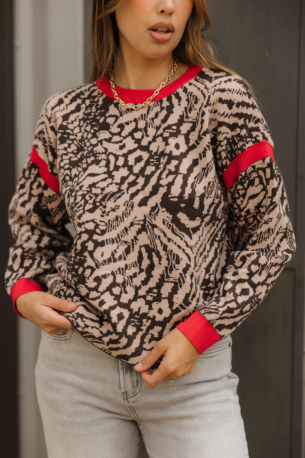 Zoe Brown & Red Leopard Knit Sweater