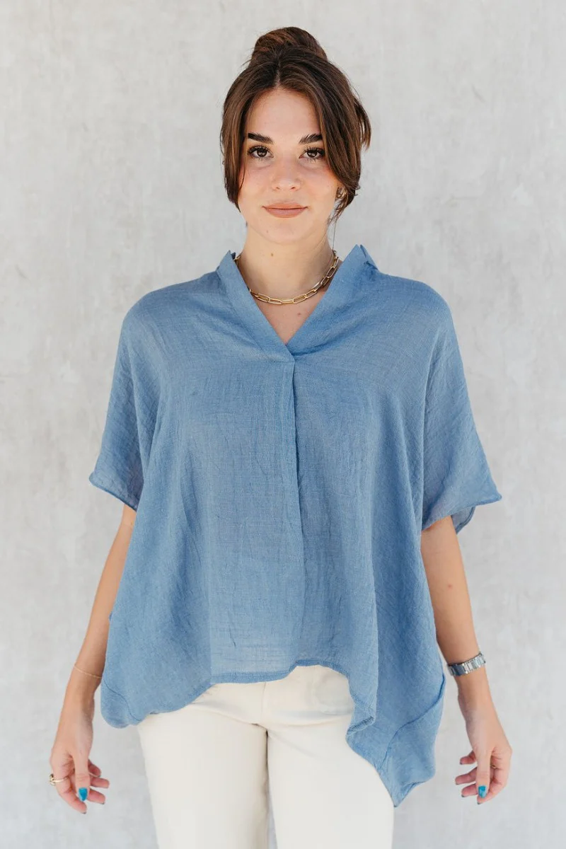 Zoey Blue High-Low Short Sleeve Top - Image 2