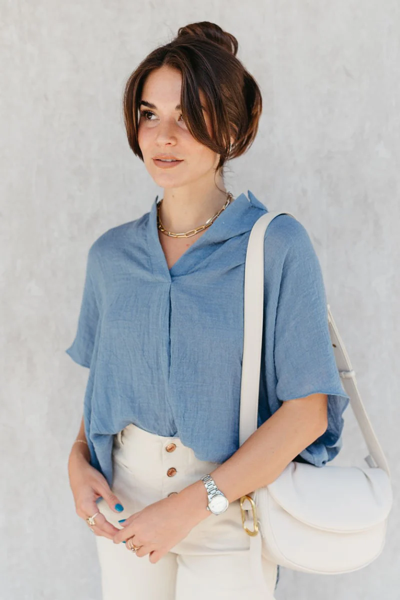 Zoey Blue High-Low Short Sleeve Top - Image 3