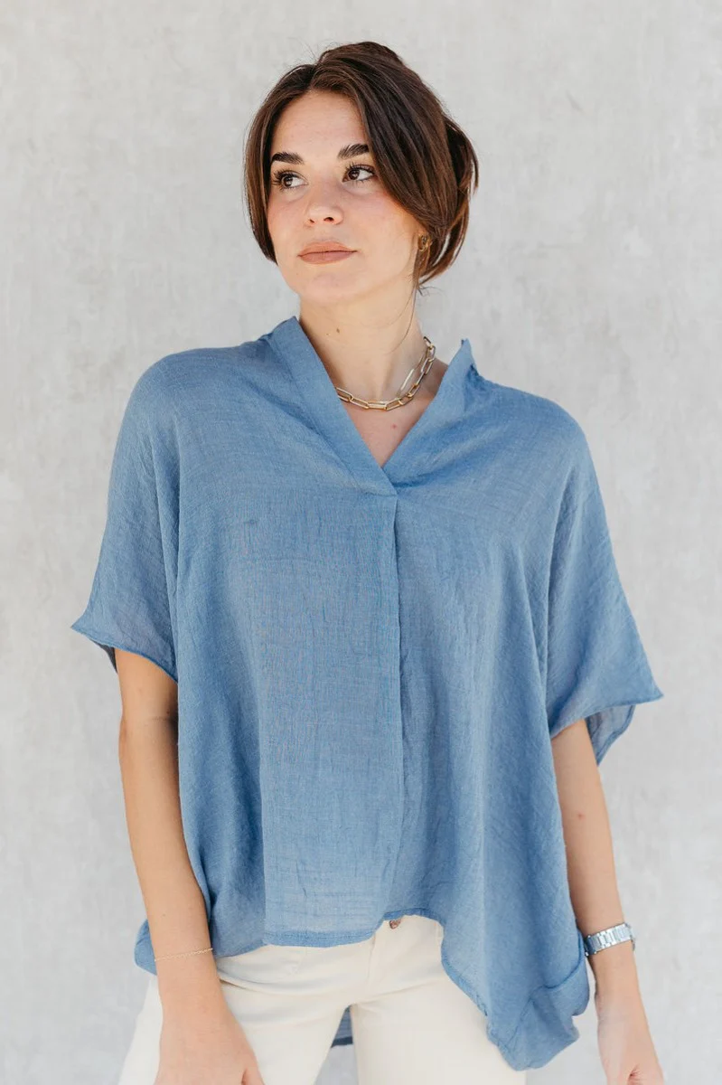 Zoey Blue High-Low Short Sleeve Top - Image 4